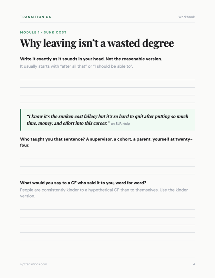 A page of the workbook titled Why leaving isn't a wasted degree, with three prompts and lines to write on